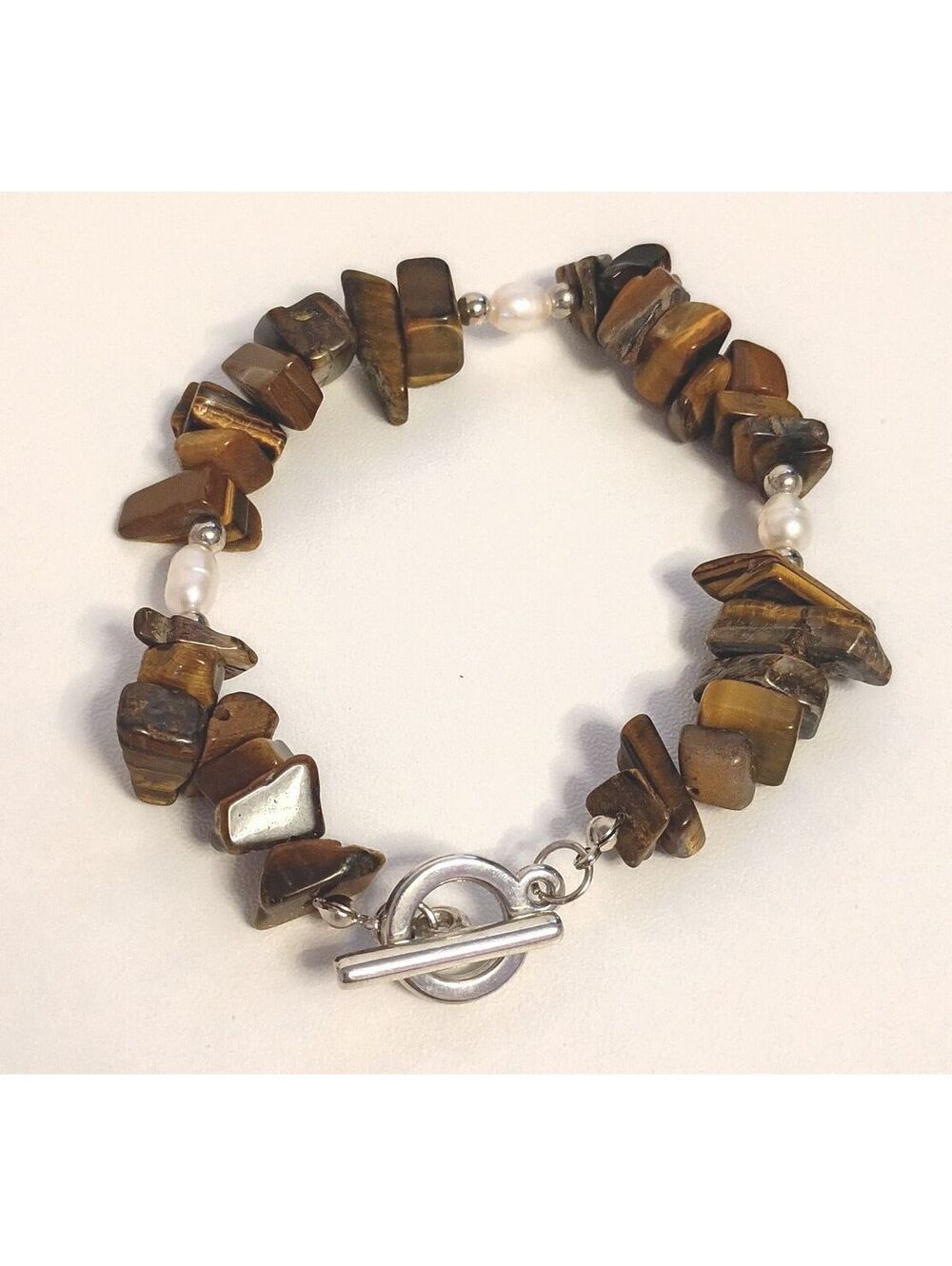 Vintage Natural Tiger Eye Stone Bead Bracelet and Pearl Accents Casual or Formal